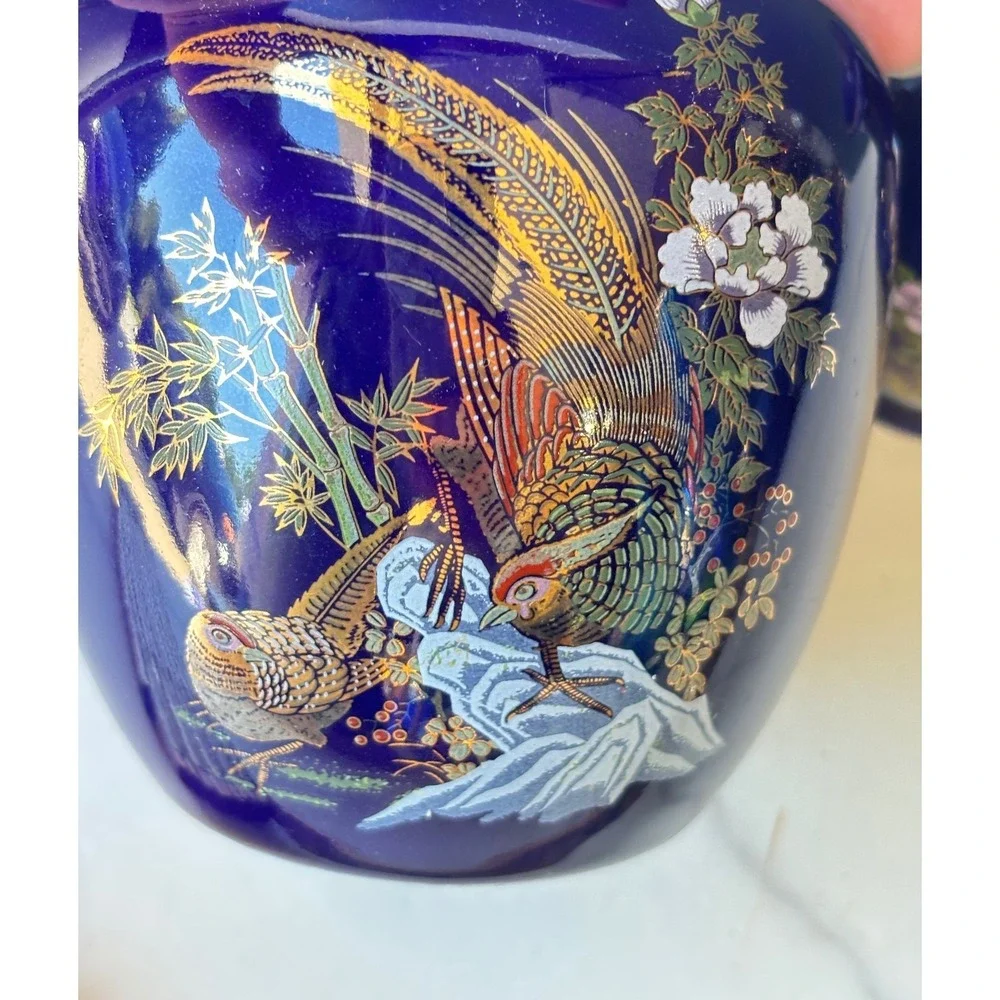 Vintage Cobalt Blue Peacock Ginger Jar and Bud Vase Set Gold Accents Chinoiserie